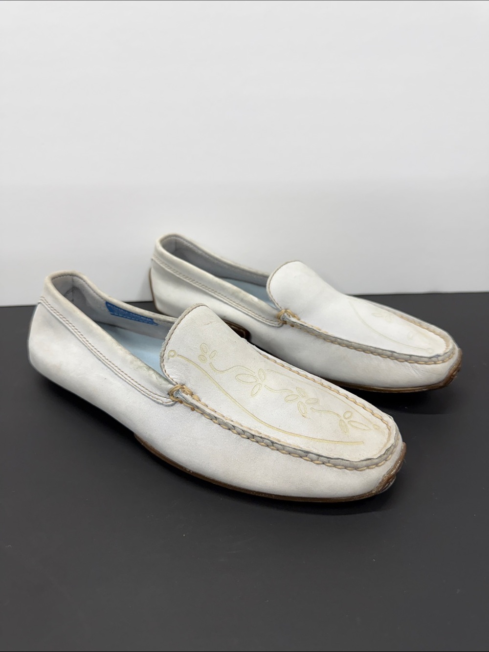 Rockport Light Blue Leather Slip-On Loafers with Subtle Embroidery
